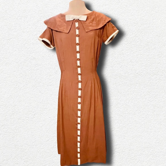 1940s Two Tone Linen Dress, Handmade A-Line, Orange, Cream, Vtg Academia, Sm - Picture 5 of 14